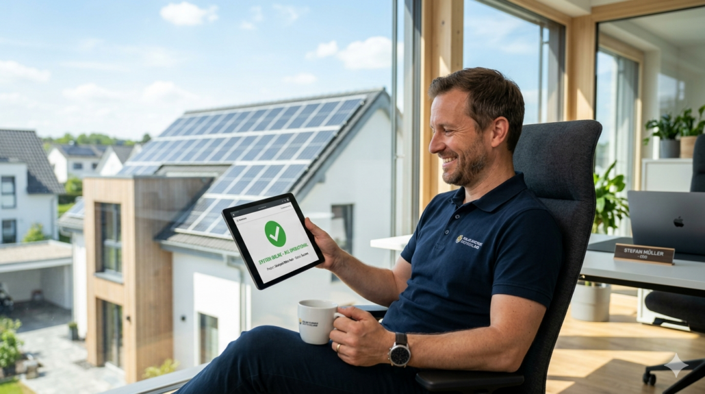 Der CEO einer PV-Firma blickt auf ein Tablet mit seiner Automatisierung. Im Hintergund steht ein Haus mit einer Photovoltaikanlage auf der Dachfläche.